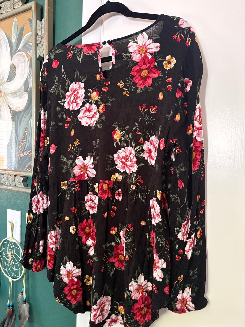 Woven Heart Black Floral Long-Sleeve Swing Top - Picture 4 of 4